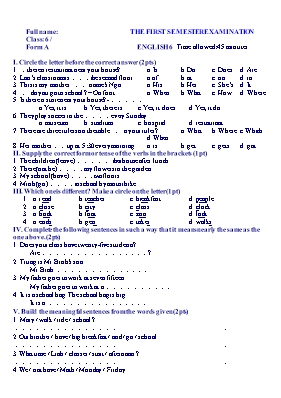 Đề thi học kì I môn Tiếng Anh Lớp 6 (Có đáp án)
